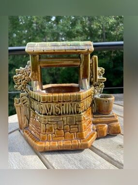 Vintage McCoy Pottery Wishing Well Planter Brown Green Drip Glaze USA